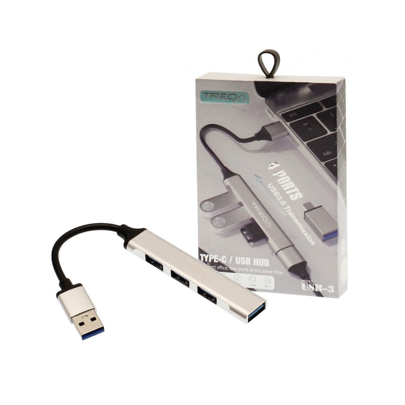 Αντάπτορας Hub USB 3.0 4 θυρών και Type C αρσενικό σε USB θηλυκό ασημί USB-3 TREQA