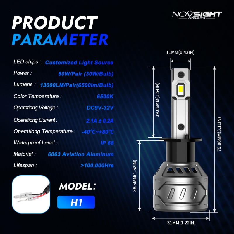 H1 LED 12V/24V 60W 13000LM 6500K IP68 A500 N61 NOVSIGHT 2 X 30W 2 έτη εγγύηση