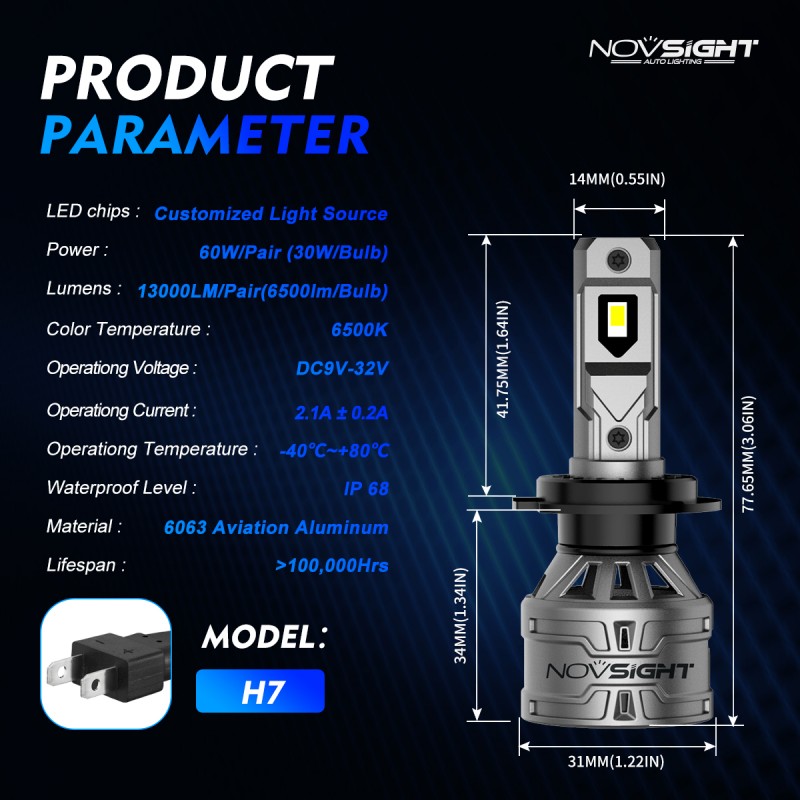 H7 LED 12V/24V 60W 13000LM 6500K IP68 A500 N61 NOVSIGHT 2 X 30W 2 έτη εγγύηση