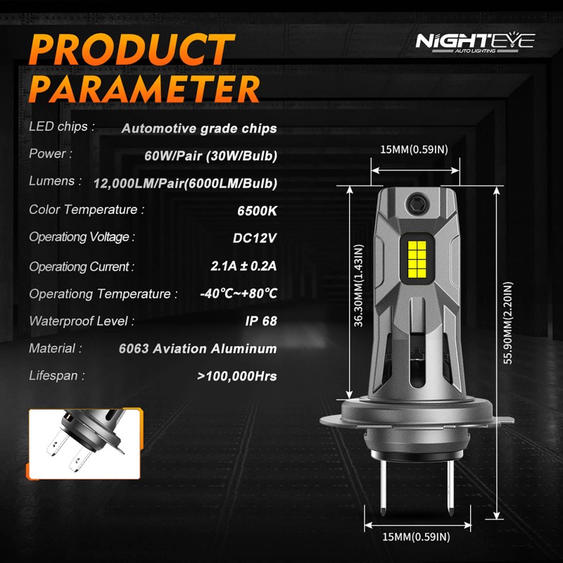 H7 LED 12V 60W 12000LM 6500K IP68 A315 S5 NIGHTEYE 2 X 30W 2 έτη εγγύηση