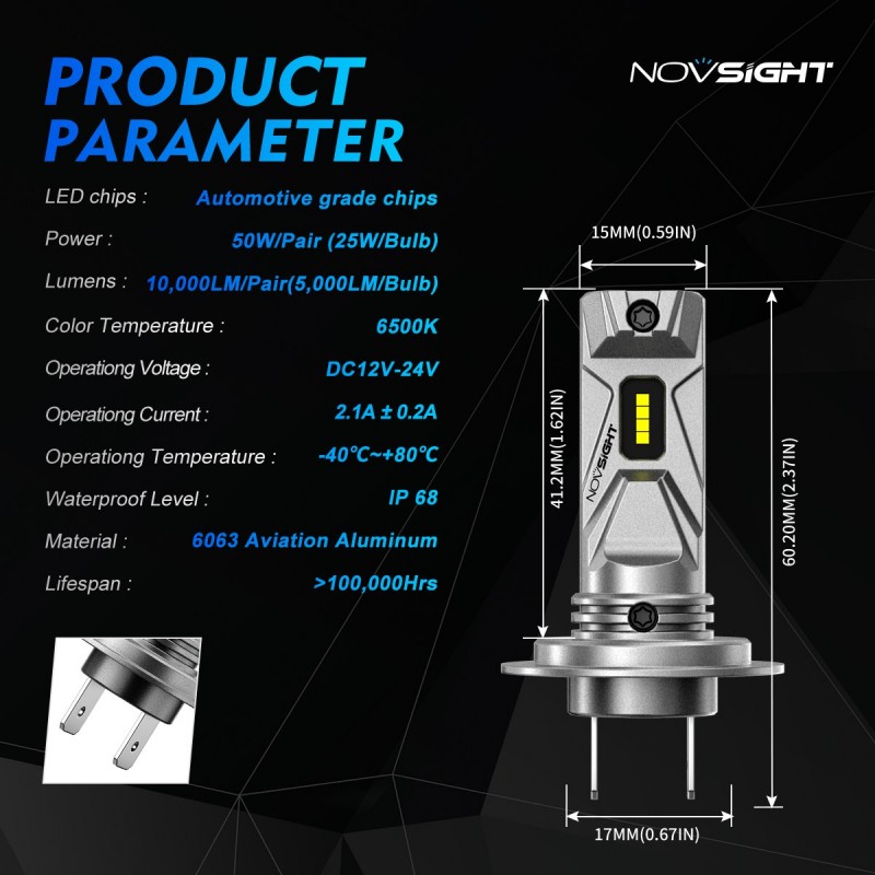 H7 LED 12/24V 50W 10000LM 6500K IP68 A500 N65 NOVSIGHT 2 X 25W 2 έτη εγγύηση