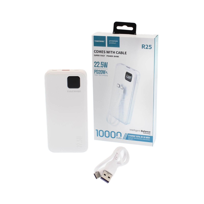 Powerbank με Θύρες USB και Type C 10000 mAh 22.5W με Ενσωματωμένα Καλώδια Φόρτισης Λευκό R25 TAKEMORE