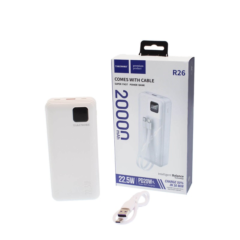 Powerbank με Θύρες USB και Type C 20000 mAh 22.5W με Ενσωματωμένα Καλώδια Φόρτισης Λευκό R26 TAKEMORE