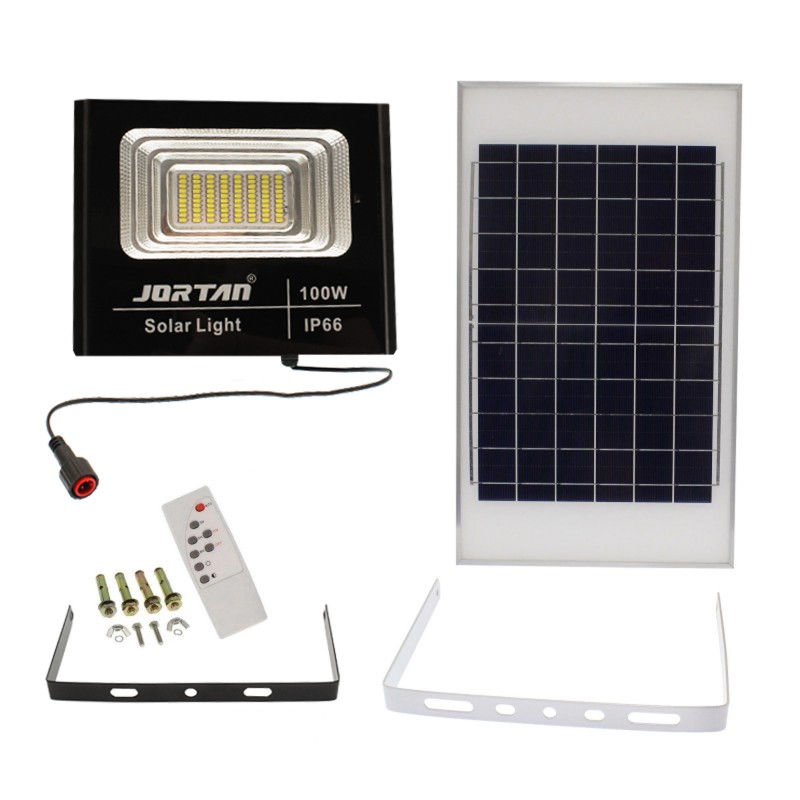 Ηλιακός Solar προβολέας αδιάβροχος 100W 196 SMD 6500K 9000LM με φωτοβολταϊκό πάνελ, τηλεχειριστήριο και χρονοδιακόπτη IP66 JT-BJ100W-TZ